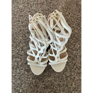 Strappy White Caged Wedge Sandals Heels